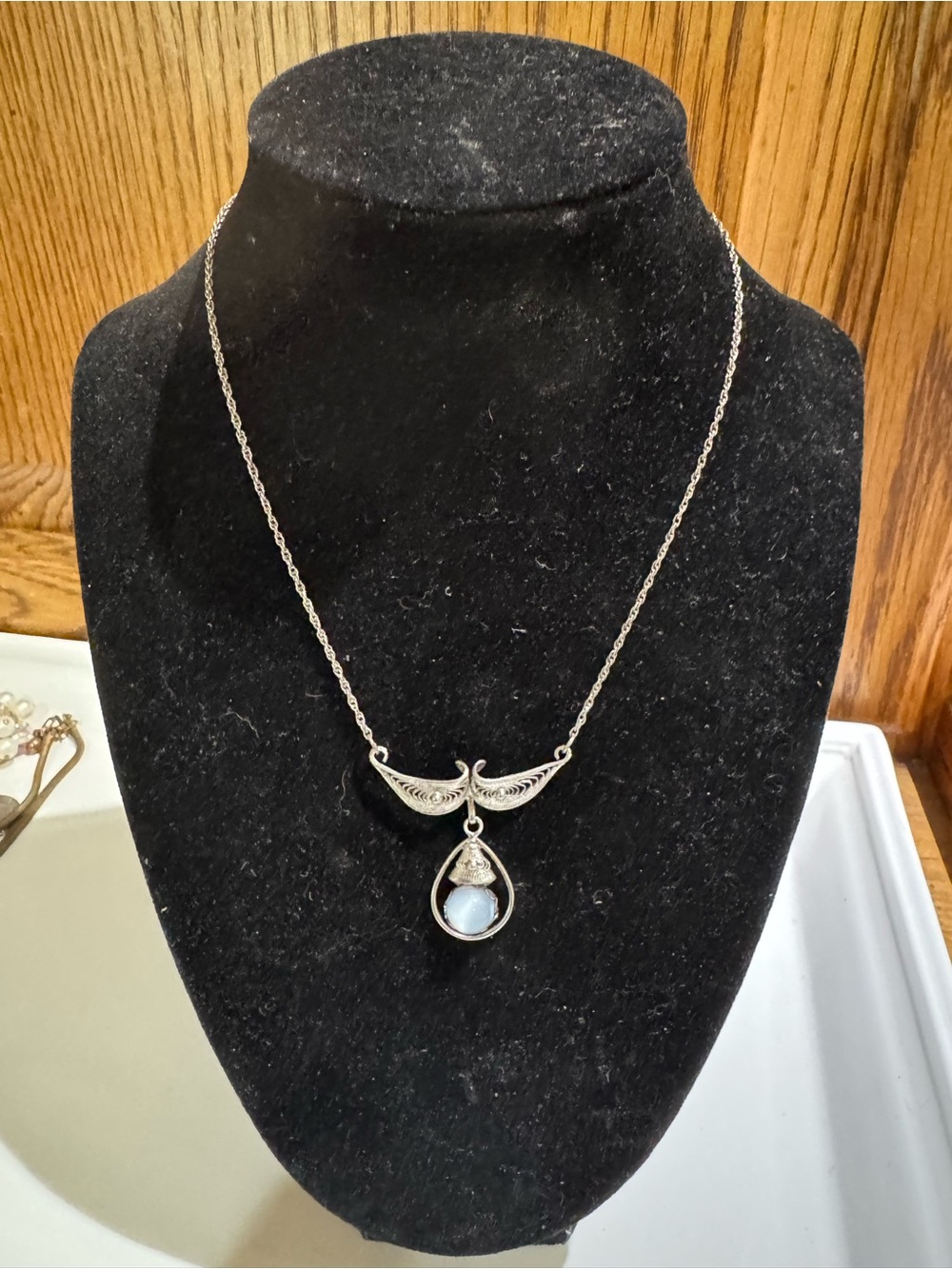 Vintage Sterling Silver Filigree Moonstone Pendant Necklace